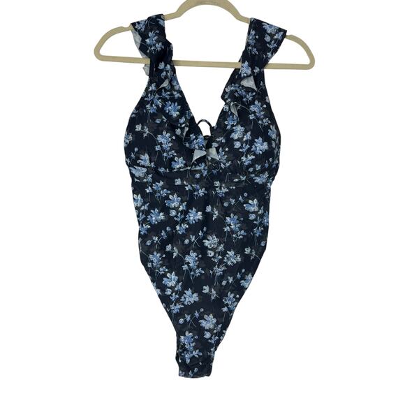 NWT A Pea in the Pod Ruffled Maternity Floral Swimsuit Dark Blue Size M - Picture 1 of 8